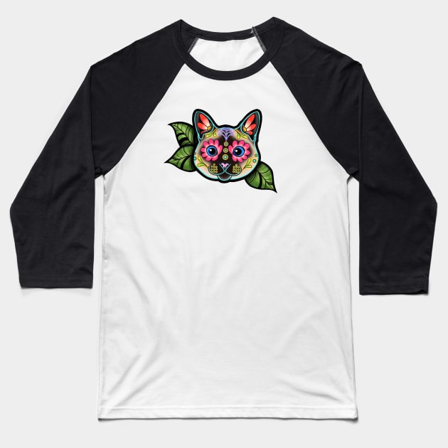 Siamese Cat - Day of the Dead Sugar Skull Kitty Baseball T-Shirt by prettyinink